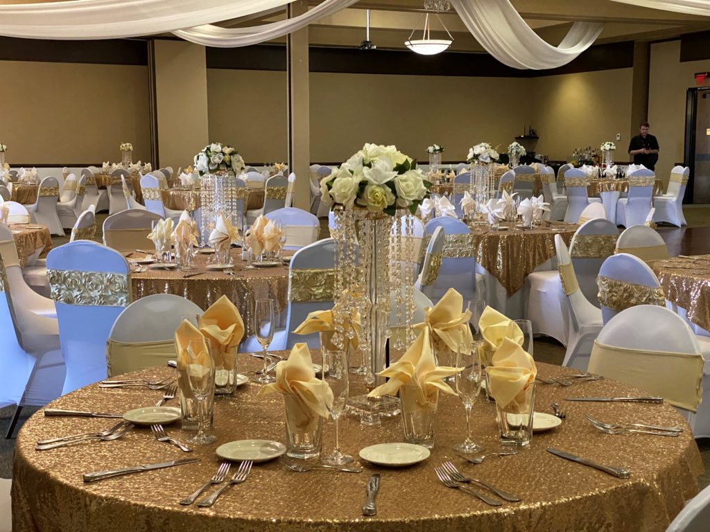 Tables set for a wedding event in Canyon Crest Event Center in Twin Falls, ID