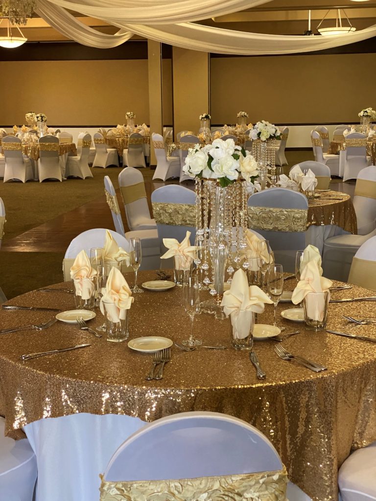 Tables set for a wedding venue event in Canyon Crest Event Center in Twin Falls, ID